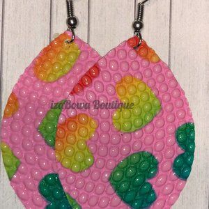 Multicolored Hearts on Pink Teardrop Faux Leather Earring  HANDMADE